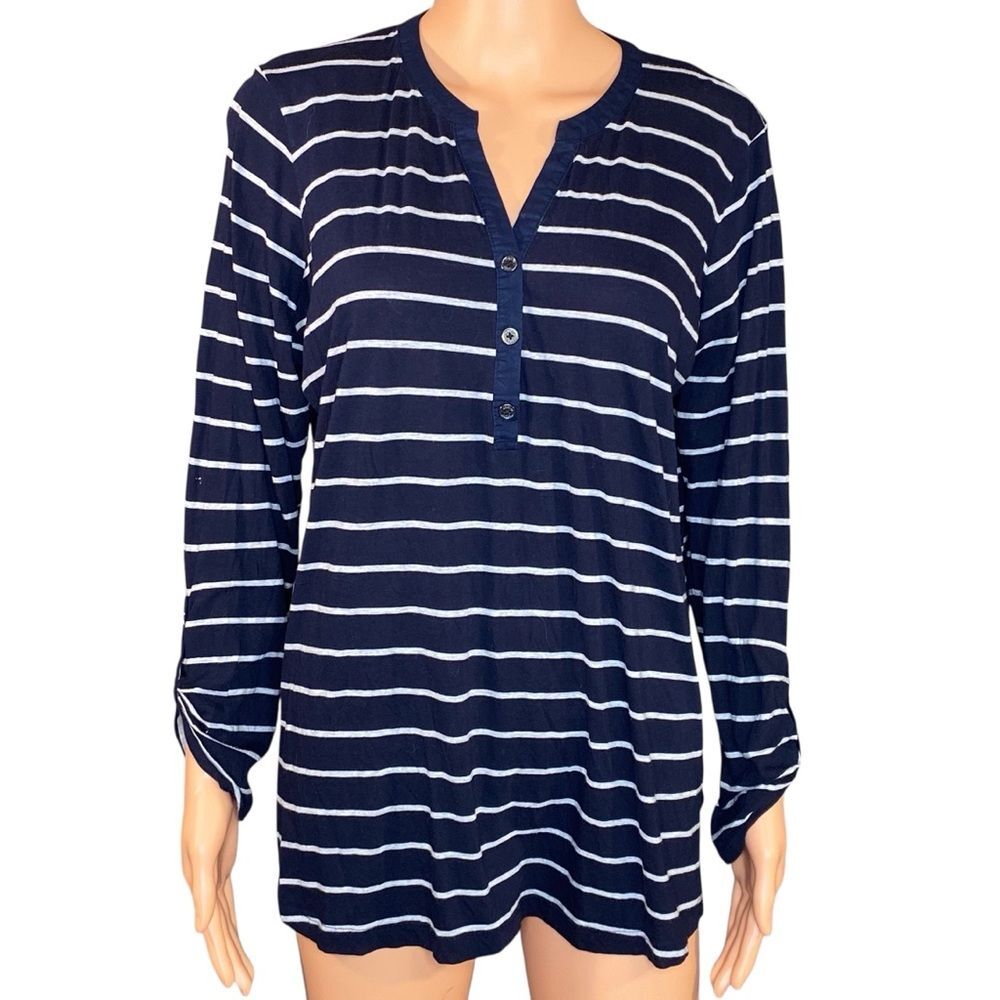 Jones New York Tee Plus Size Navy White Striped Long Sleeve Henley Style SZ 1X